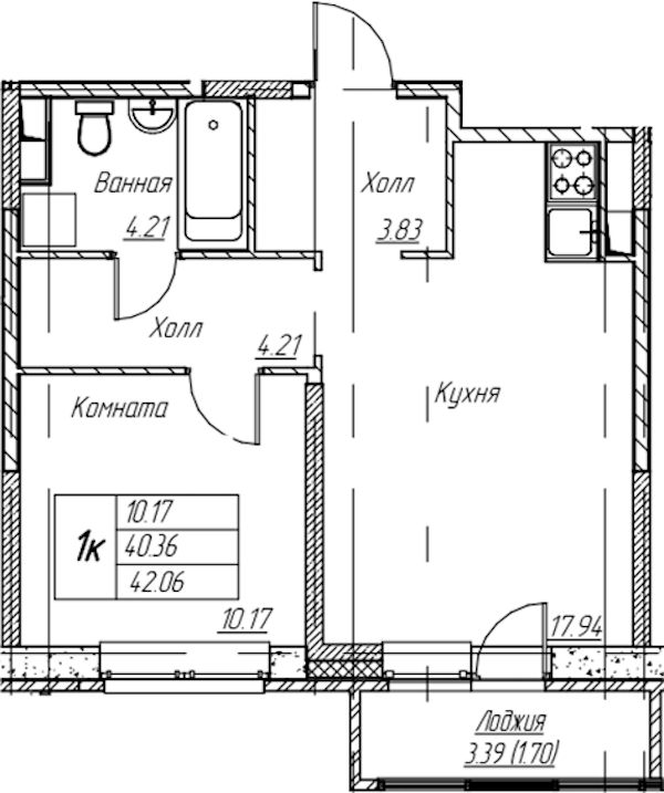 1-комнатная квартира 42.06 м², 2/22 эт., ЖК «Парк-квартал Юнтолово»